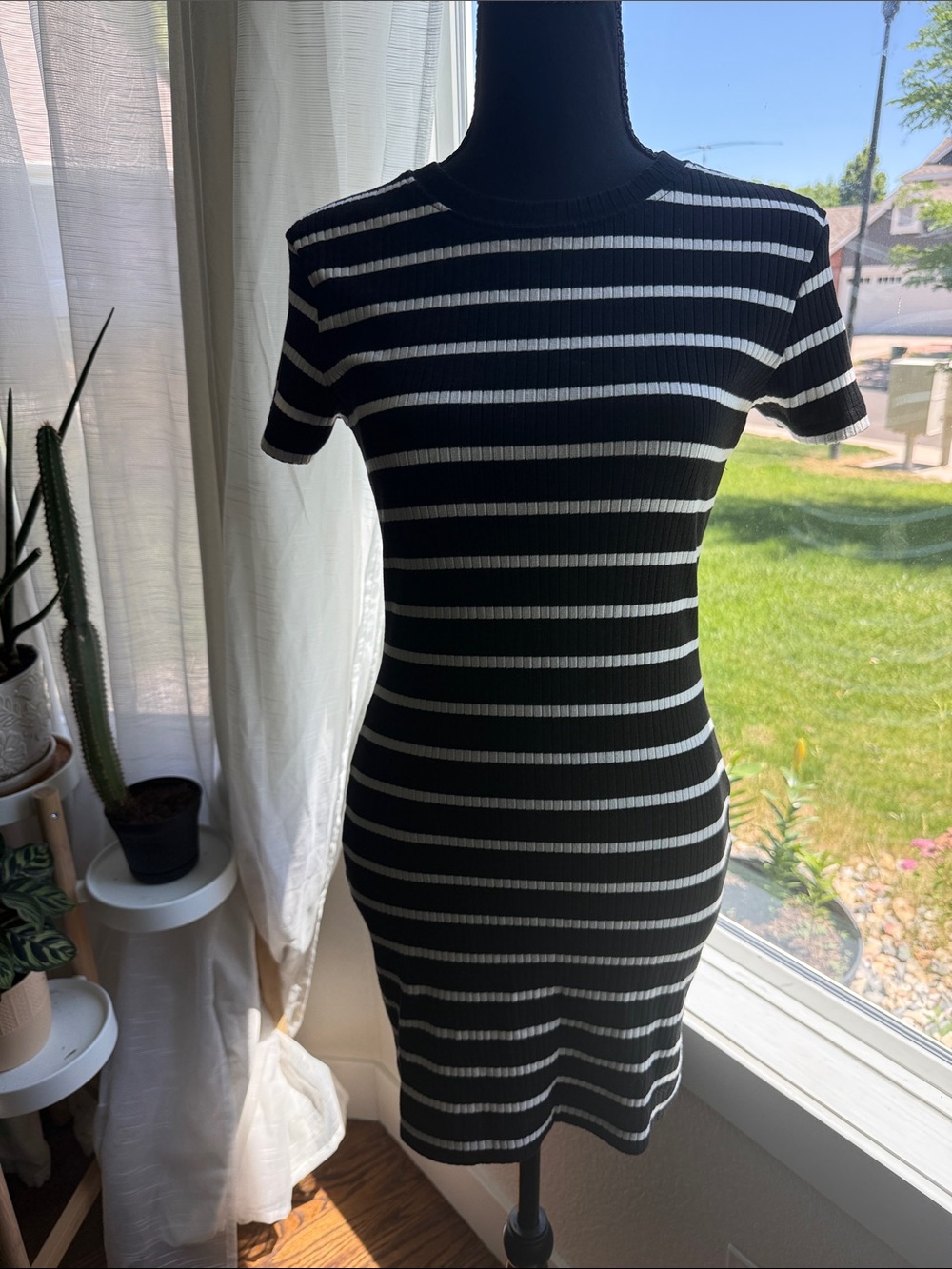 French Connection Black and White Striped Rib-Knit Mini Dress